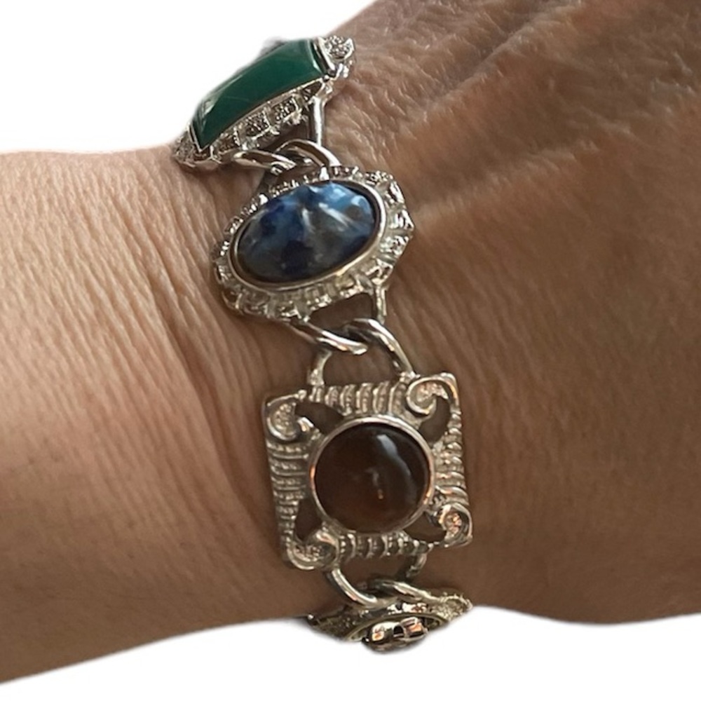 Signed Sarah Coventry Multicolor Faux Stone & Pearl Silver-Tone Bracelet